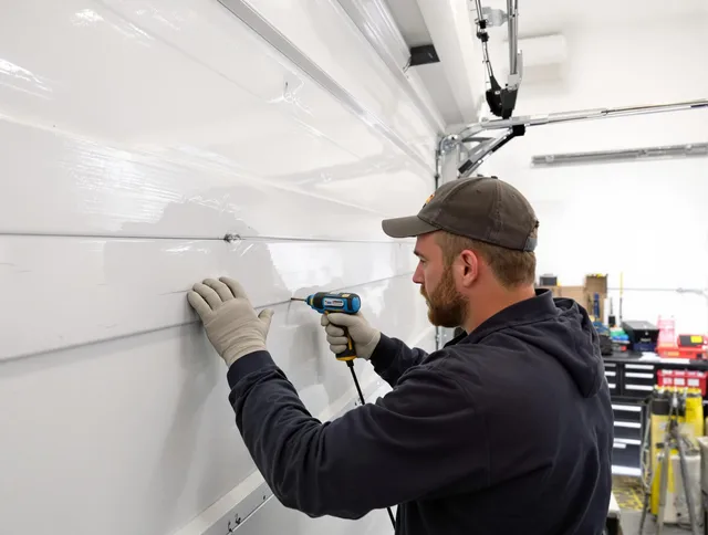 Richmond Hill Garage Door Repair technician demonstrating precision dent removal techniques on a Richmond Hill garage door