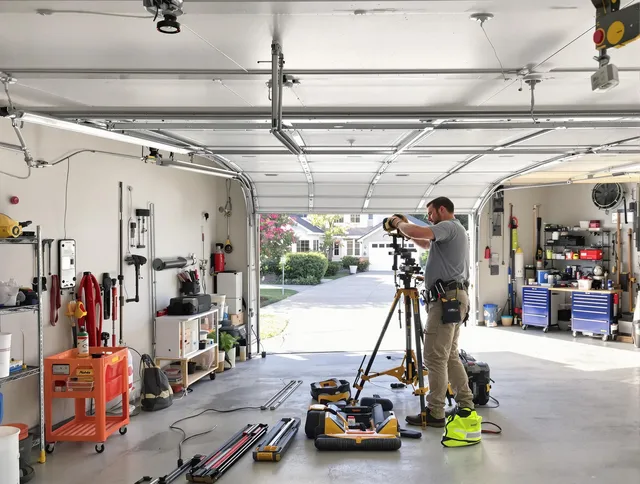 Richmond Hill Garage Door Repair specialist performing laser-guided track alignment in Richmond Hill